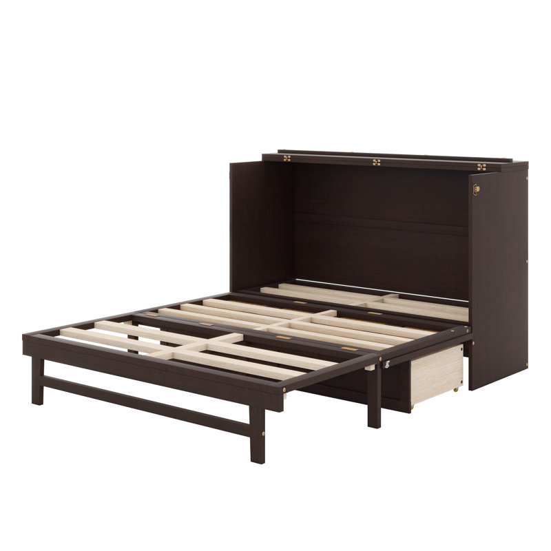 Grand lit escamotable, armoire-lit en bois de pin avec centrale électrique et panneau de décoration en rotin, Espresso