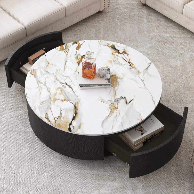 Table basse rustique ronde avec 2 tiroirs et plateau en pierre frittée, H 14 po x l 35,4 po x P 35,4 po, Multicolore / noir