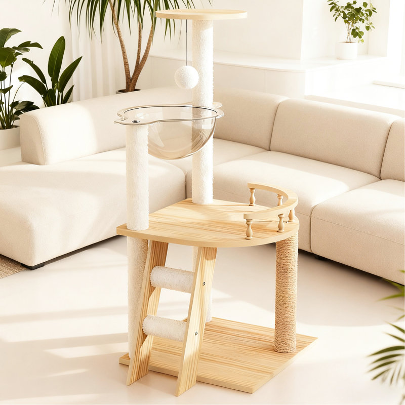 Tour à chat de 41,3 po pour l'intérieur, présentant une vision moderne en bois, - poteaux à griffes couverts, acrylique et tour de perchoir supérieure de haut niveau, de style bois raffiné, équipé d'excellentes