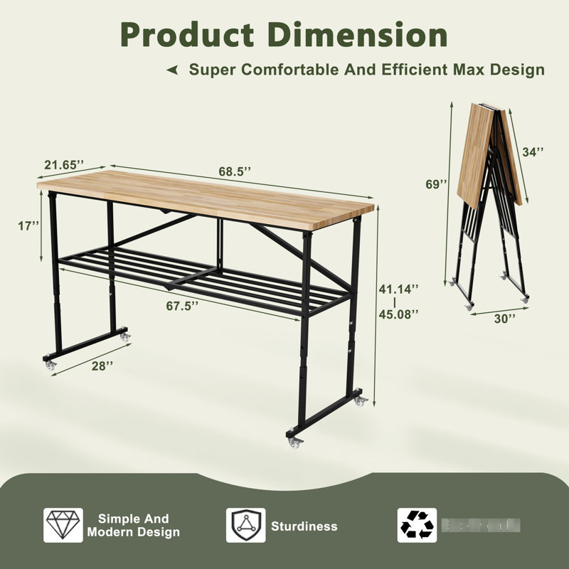 Établi de travail robuste avec bloc de boucher verrouillable, pliable à une touche et plateau en bois de 1,5 po d'épaisseur pour la maison