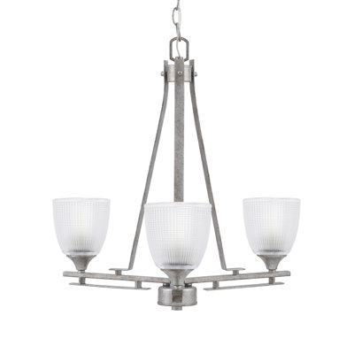 Uptowne 3 Light Uplight Chandelier Shown In Aged Silver Finish With 5" Clear Ribbed Glass