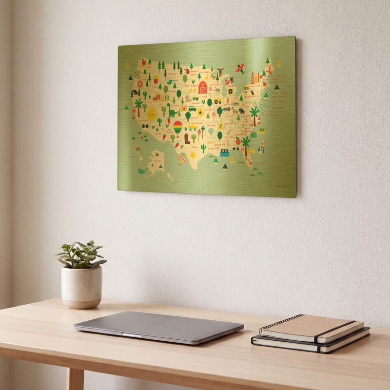 «Fun USA Map» par Ann Kelle, art mural en métal doré, 16 po x 12 po, 16 po x 12 po