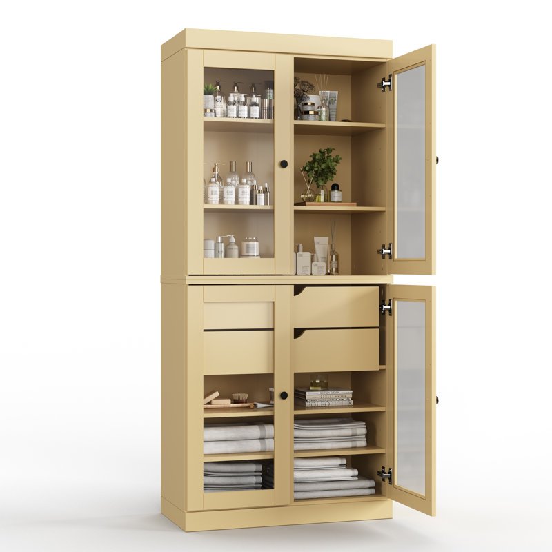 32" W x 71.5" H 100% Solid Wood Freestanding Bathroom Storage Cabinet with Clear Glass Doors, 2 Drawers & Adjustable Shelves – Modern Bathroom Organizer