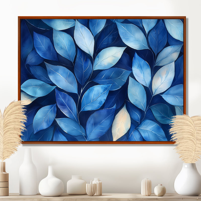 Indigo feuilles feuillage collage IV - feuilles, art mural, Brun, H 12 po x l 20 po, Impression encadrée flottante