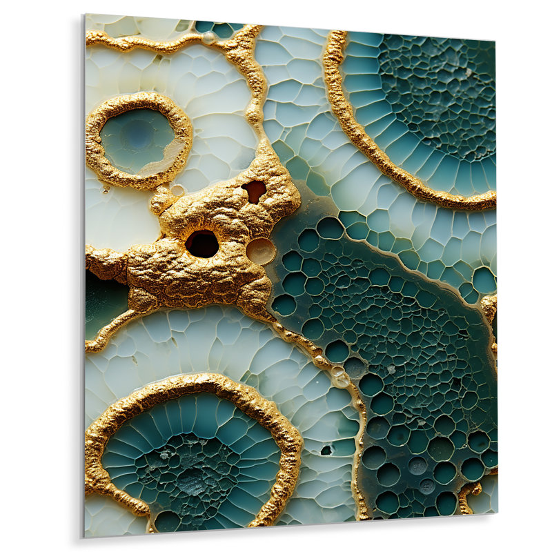 Or et fleurs blanches sur pierre bleue I - Art mural en métal Geode Stone, H 20 po x l 12 po x P 1 po