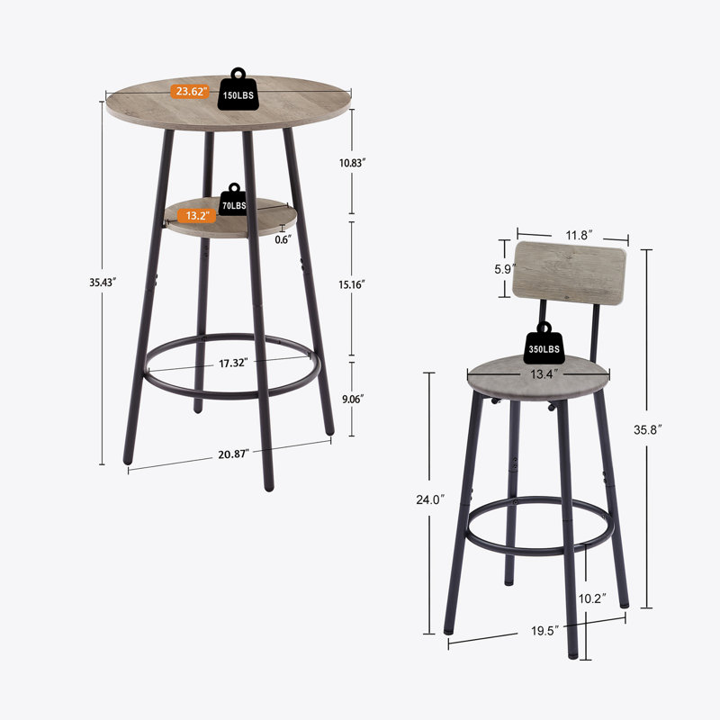 Round bar stool set with shelf, upholstered stool with backrest, Grey, Light Grey