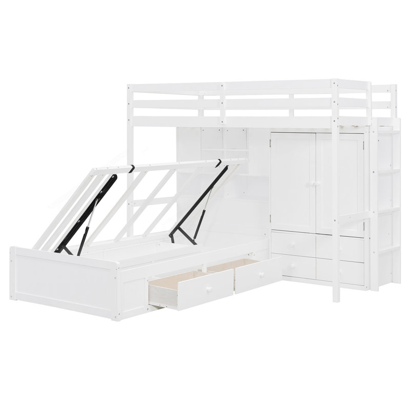 Twin Bunk Bed with Hydraulic Lift System, 6 Drawers, Blanc