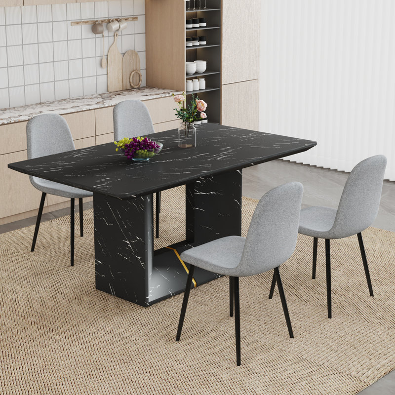 Table de salle à manger en MDF à motif de marbre noir 63 po x 35,4 po avec 4 chaises en tissu de lin gris clair, siège et dossier intégrés