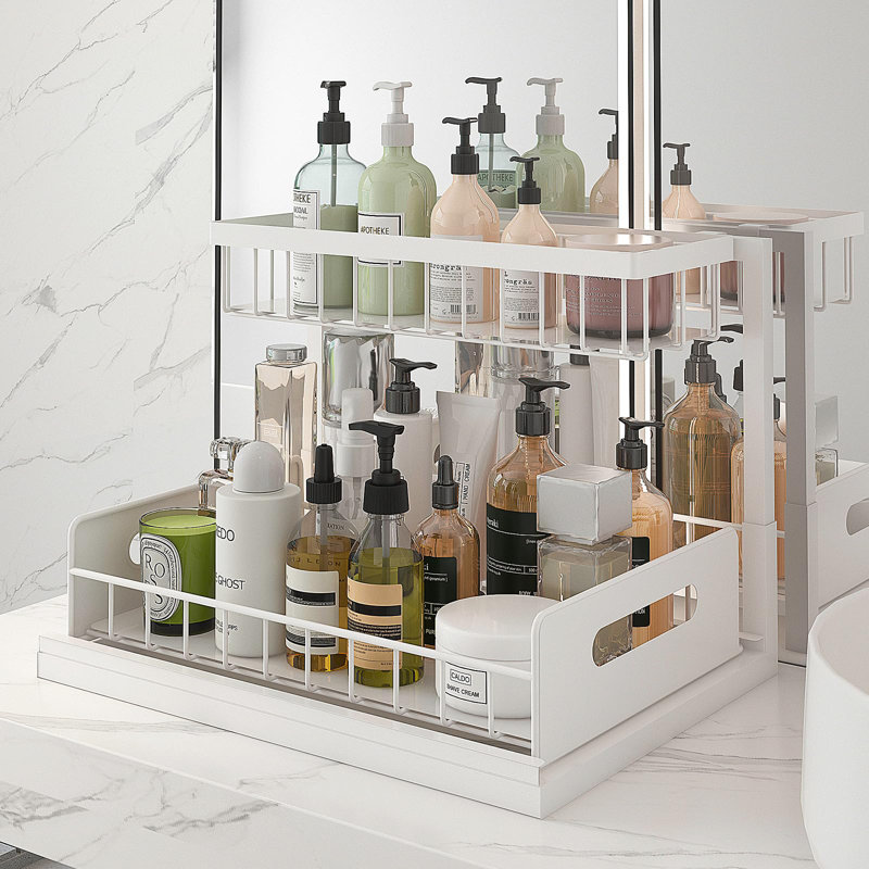 Under Sink Organizer, Pull Out Cabinet Organizer 2-Tier Slide Out Sliding Shelf Under Cabinet Storage Multi-Use For Under Kitchen Bathroom Sink Organizers And Storage,White,1 Pack