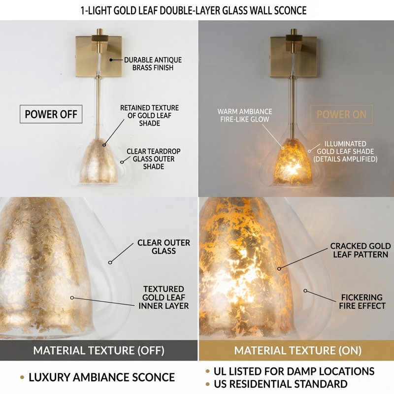 1-Light Antique Brass Wall Sconce - Double-Layer Teardrop Glass with Gold Leaf, Modern Decorative Accent Lamp for Bedroom, Entryway, or Mirror Side