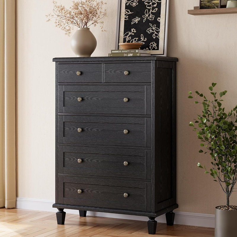 Commode 6 tiroirs Vintage pour chambre à coucher, commode haute en bois avec pieds fuselés, commodes et commodes, Noir