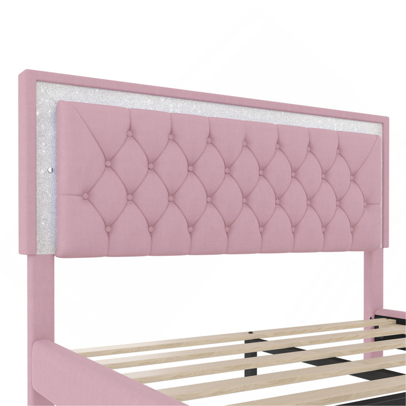 Grand cadre de lit tapissier grand avec lumières DEL, lit plateforme moderne en velours avec tête de lit capitonnée, Rose