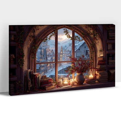 Hiver, art mural sur toile - Impressions de Noël rétro, décoration murale pour le salon, scène de village de vacances, impression sur toile encadrée, 24 po x 36 po