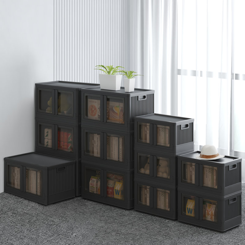 8.4Gal Foldable Plastic Storage Bins with Lids and Wheels, Black