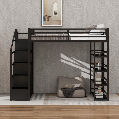 Queen Size Metal Loft Bed With Storage Shelves, Cabinets And Wardrobe