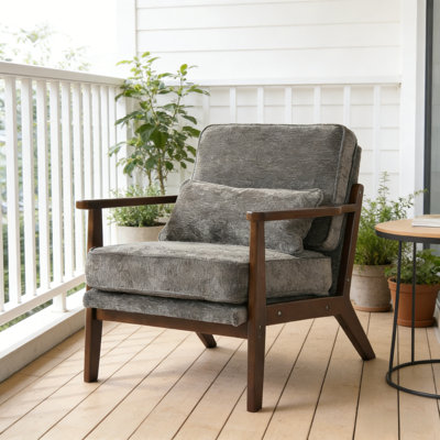 Beige Mid-century Modern Accent Chair - Fabric Upholstered Living Room Armchair With Lumbar Pillow & Straight Wood Arms