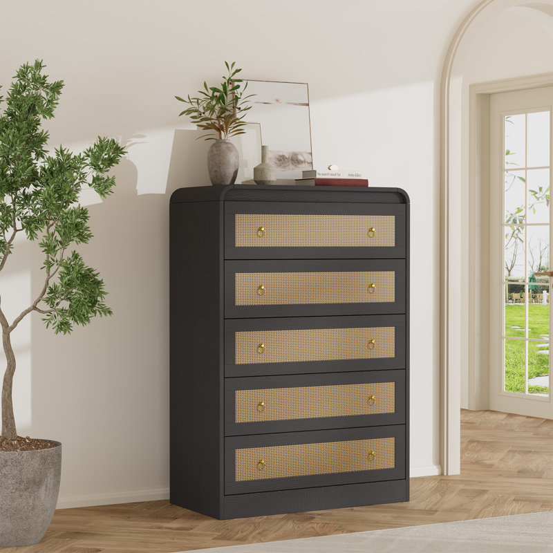  Commode 5 tiroirs Modern, Noir, naturel