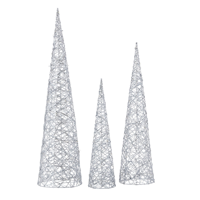 Metallic Silver 3pc Cone Set, Pre-Lit with Micro Warm White LED Lights, Battery Operated