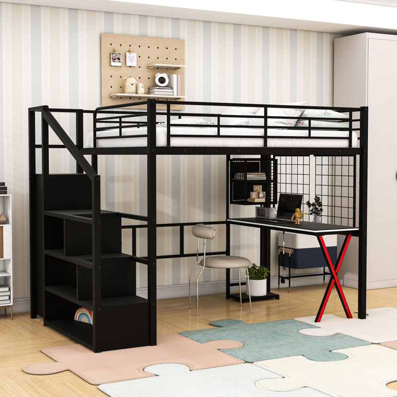 Lit mezzanine double en métal avec poste de travail, tablettes de rangement et garde-corps