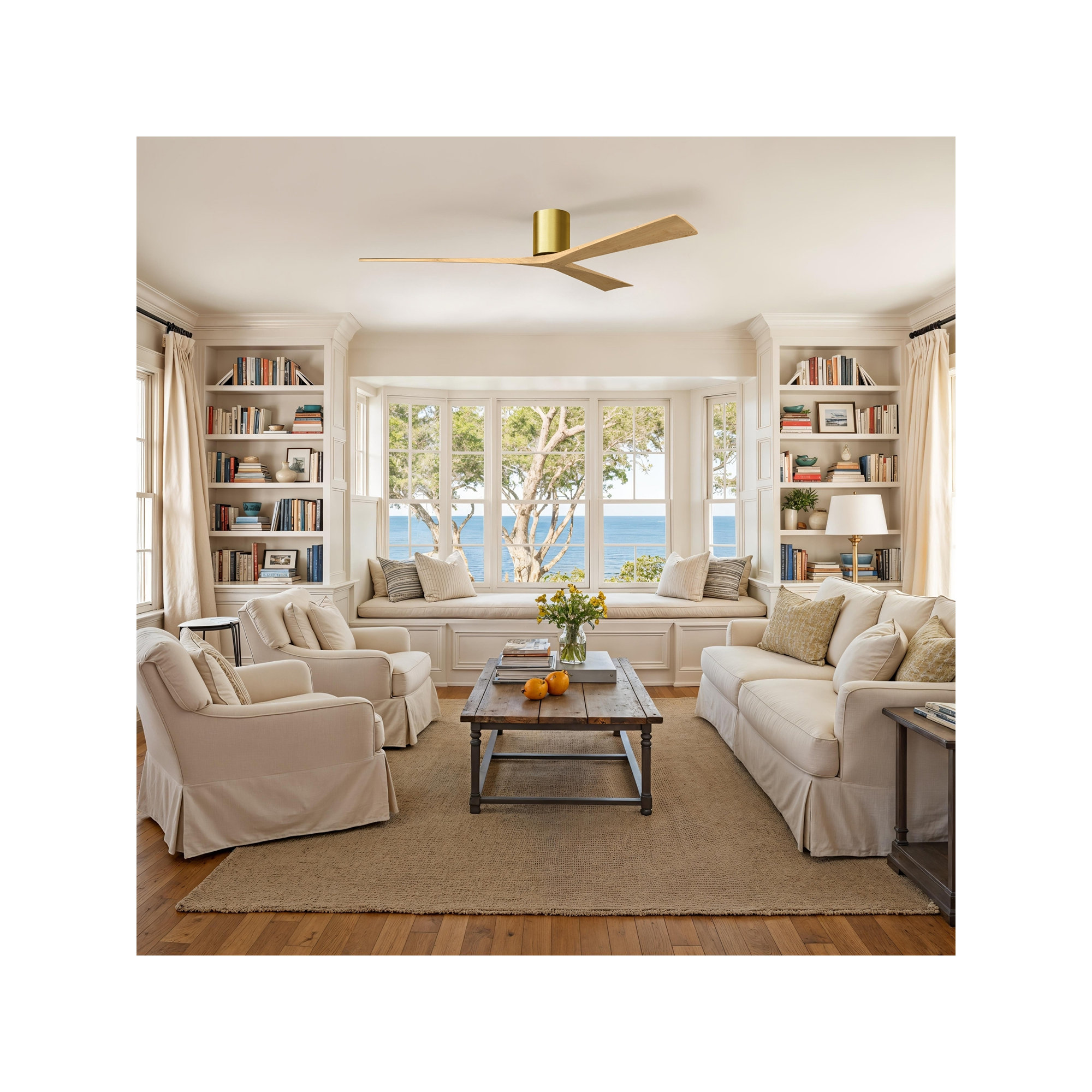 Olivier 3 Blade Ceiling Fan, Brushed Brass, Light Maple Tone, 72"