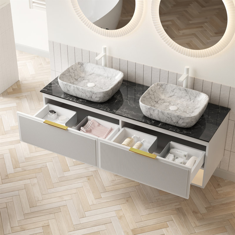 Meuble-lavabo 60 po avec lavabo, armoire de rangement en contreplaqué flottant, 2 tiroirs et tablette à fines rayures, capteur de lumière, 2 vasques en céramique à motif marbré et plateau en pierre frittée noire, pré-assemblé