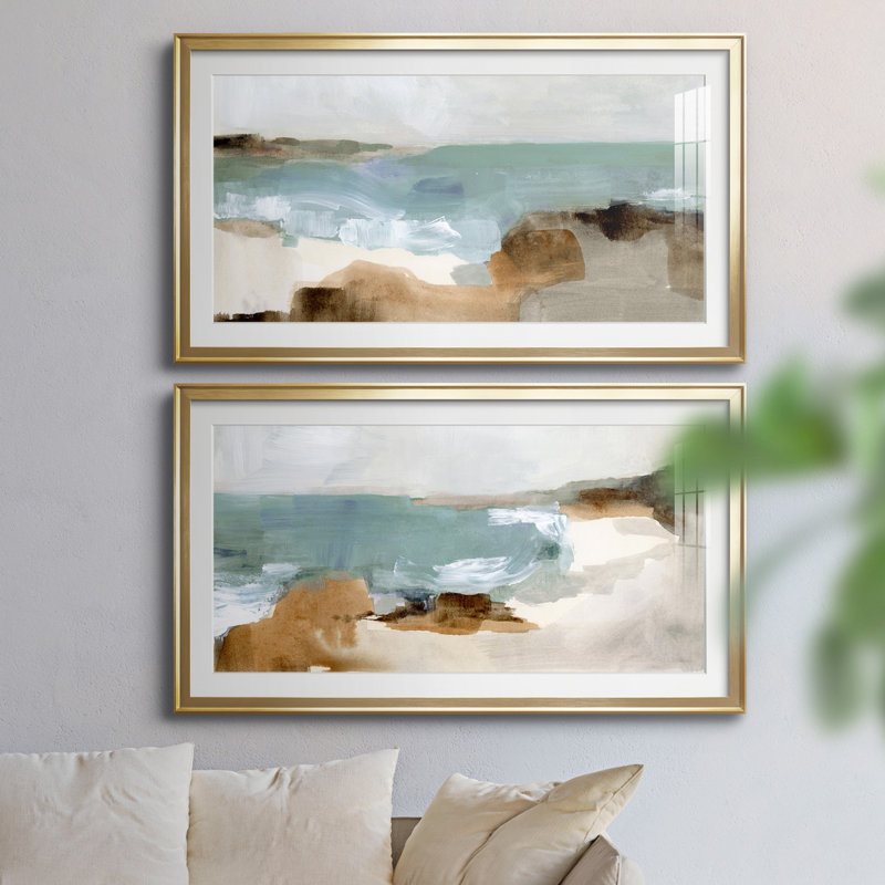 «Ocean Sigh III», ensemble de 2 peintures encadrées, Papier encadré doré, H 14,5 po x l 53 po x P 1,5 po, Blanc