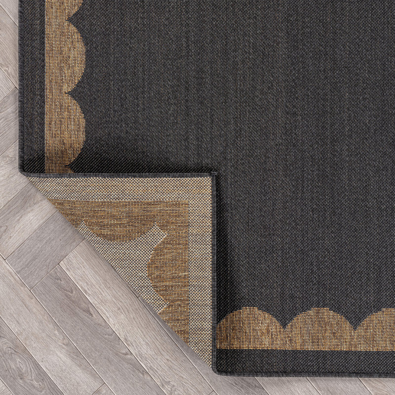 Scallop Border Dark Gray/Natural Easy-Care Jute-Style Indoor/Outdoor Flat Woven Area Rug, Runner 2'3" x 8', Dark Gray