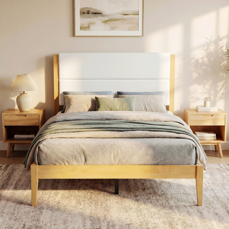 Cadre de lit plateforme avec tête de lit rembourrée, sommier à lattes en bois massif, cadre de lit plateforme pour chambre d'amis
