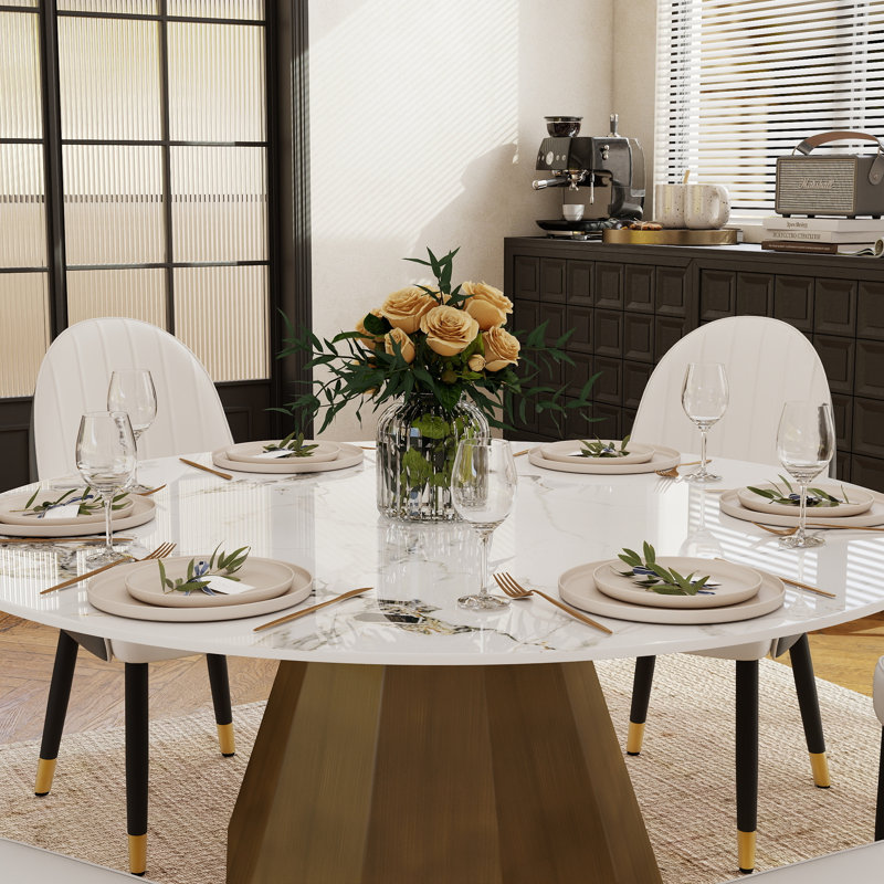 Ensemble de salle à manger moderne 7 pièces en pierre frittée avec base piédestal, H 29,53 po x L 59,05 po x l 59,05 po