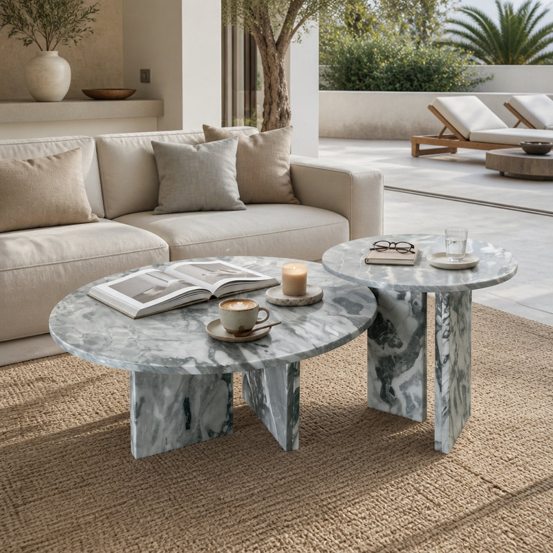 Ensemble de tables basses gigognes en marbre naturel bleu gris (2 pièces), pierre ronde polie, centre de table de salon moderne (70 cm et 45 cm)