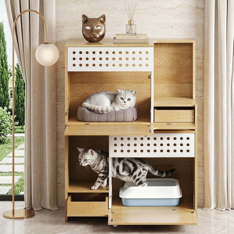 Enceinte de litière pour chat avec tiroir, Natural