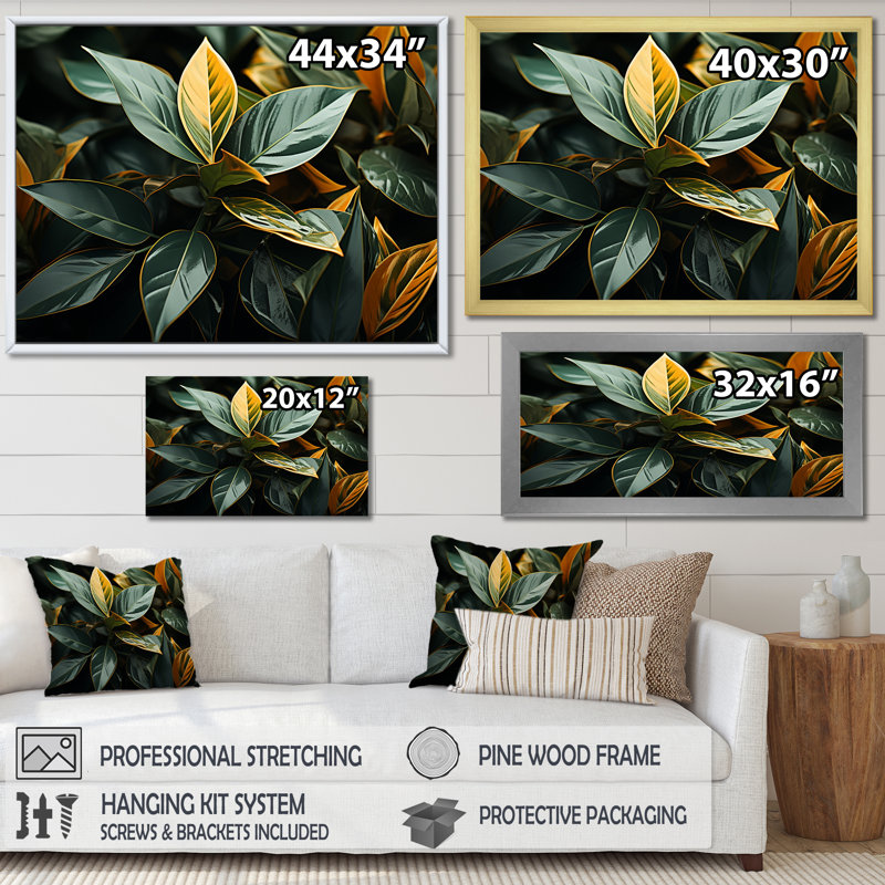 «Garden Plants Botanical Fusion» sur toile, Cadre flottant doré, H 16 po x l 32 po x P 1 po