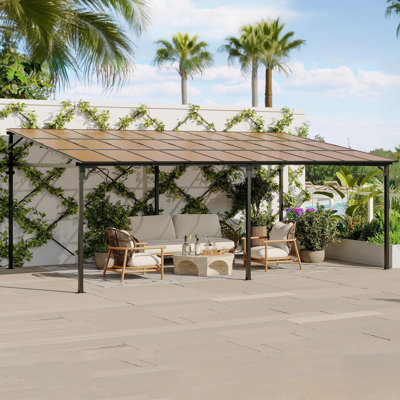 12’ x 20’ Gazebo, Outdoor Pergolas and Gazebos on Clearance, Hard Top Lean to Gazebo with Metal Frame, Pergola Wall Mounted Pergola with Sloped Roof for Patio, Decks, Backyard
