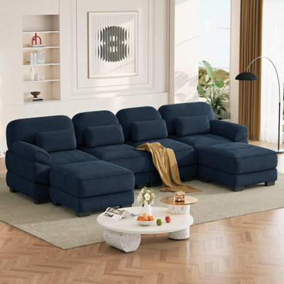132.3" Corduroy Modular Sectional Sofa,4‑Seater Upholstered Couch with Thick Comfortable Seat Cushions for Living Room,Bedroom & Apartment,blue