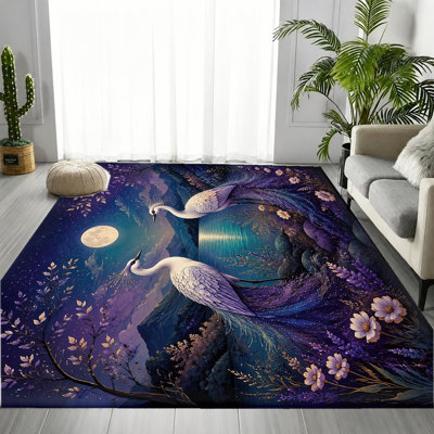 Dreamy Moonlit Night Crane Landscape Area Rug, Mystical Purple Blue Scenic Pattern, Machine Washable Non-Slip Floor Carpet, Artistic Indoor Home Accent for Living Room, Bedroom, Study, Hallway, Dining Room, Apartment