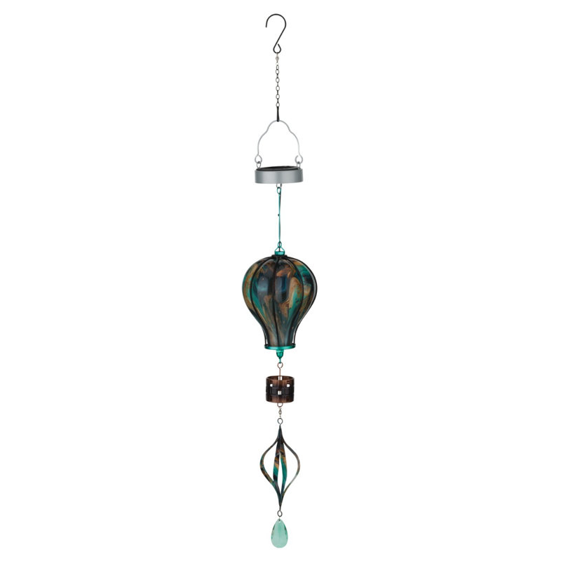 33" Hanging Swirl Balloon Solar Lantern with Glass Panels and Metal Frame, Green