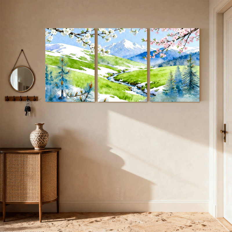 «Landscape & Nature Spring Mountain Landscape With Cherry Blossoms», ensemble de 3 impressions sur toile, H 18 po x l 36 po
