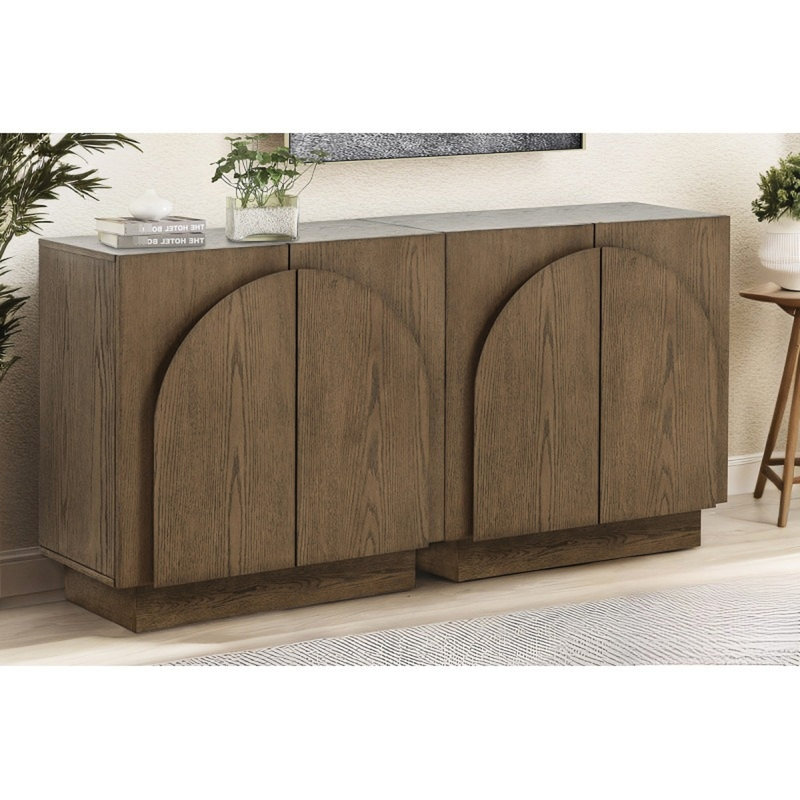 Mid-Century moderne, buffet, brun, cuisine, armoire de rangement en bois, conception à bords arrondis, finition chêne, buffet brun moderne à assemblage rapide, salon avec portes arquées et simple
