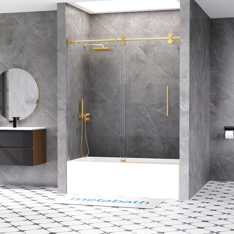 56"-60" W x 66" H Single Sliding Frameless Tub Door with 3/8"(10mm) Tempered Clear Glass, Gold