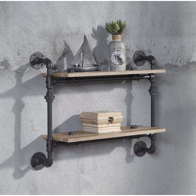 2 Tier Wall Shelf with Metal Tube, Oak and Sandy Black