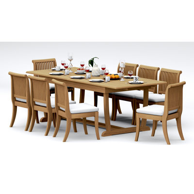 Ensemble de salle à manger 11 pièces en bois de teck de qualité A: table de chevet rectangulaire à double tréteaux 94 po et 10 chaises sans accoudoirs Giva # 11GV2100
