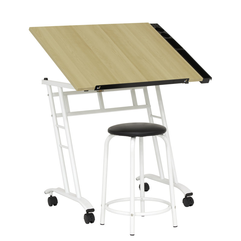 Adjustable Maple and White Drawing Table with Stool