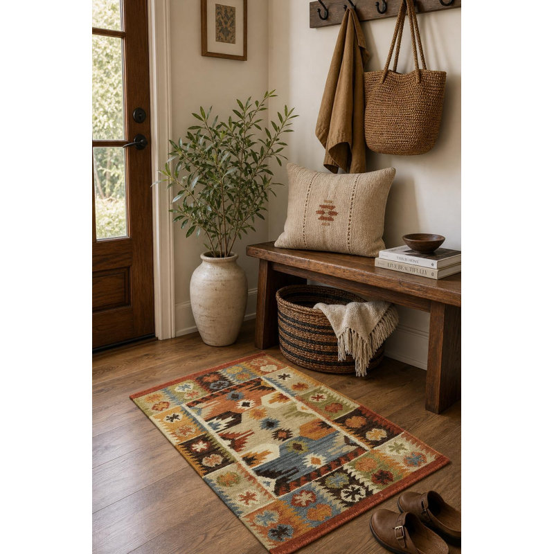 Tapis 100% laine tissé à la main à motif oriental tribal multicolore Southwestern