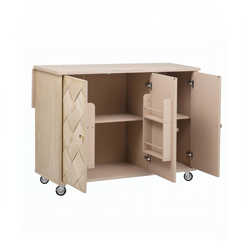 Îlot de cuisine en bois massif polyvalent avec plusieurs options de rangement et mobilité, Bois naturel et or