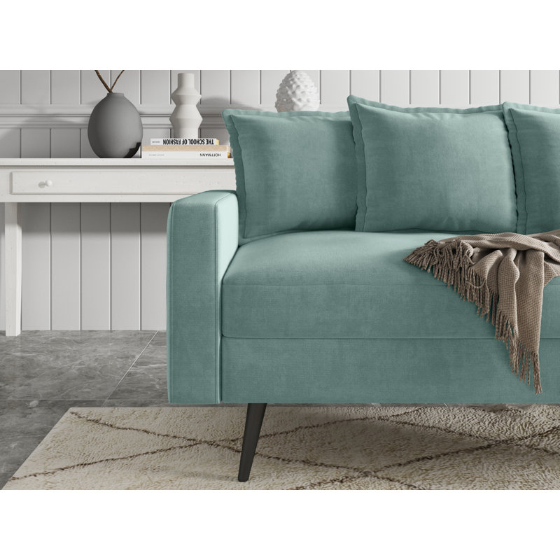 70" Velvet Square Arm Sofa, Aqua Turquoise Velvet, Black