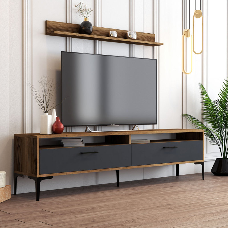 Meuble télé moderne avec tablette murale, noyer et anthracite, 70,9 x 18,5 x 13,8 pouces | 100% panneau de particules enduit de mélamine, épaisseur: 0,7 pouce | Conception élégante, pieds en métal, poignées en plastique, tablettes multiples pour le rangement et la présentation
