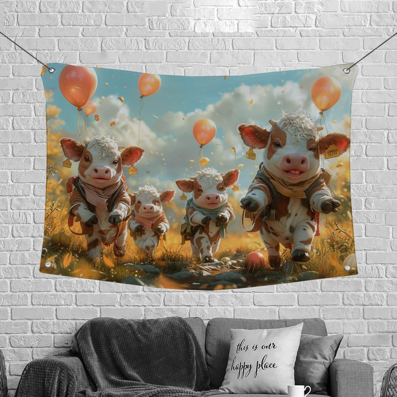 Tapisserie murale animée veaux - Œuvre d'art décorative_12937, H 68 po x l 80 po