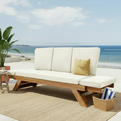 This Outdoor Adjustable Wooden Lounge Chair/Sofa Features A Beige Soft Cushion And A Simple, Timeless Natural Wood Grain Design. It's Perfect For Small Spaces Like Terraces And Balconies.