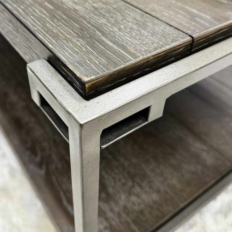 Table basse à structure métallique pour salon - Bois massif et placage de chêne, fini graphite vieilli élégant, étagère de rangement, 127 cm (l) x 66 cm (p) x 46 cm (h) - Mobilité élégante