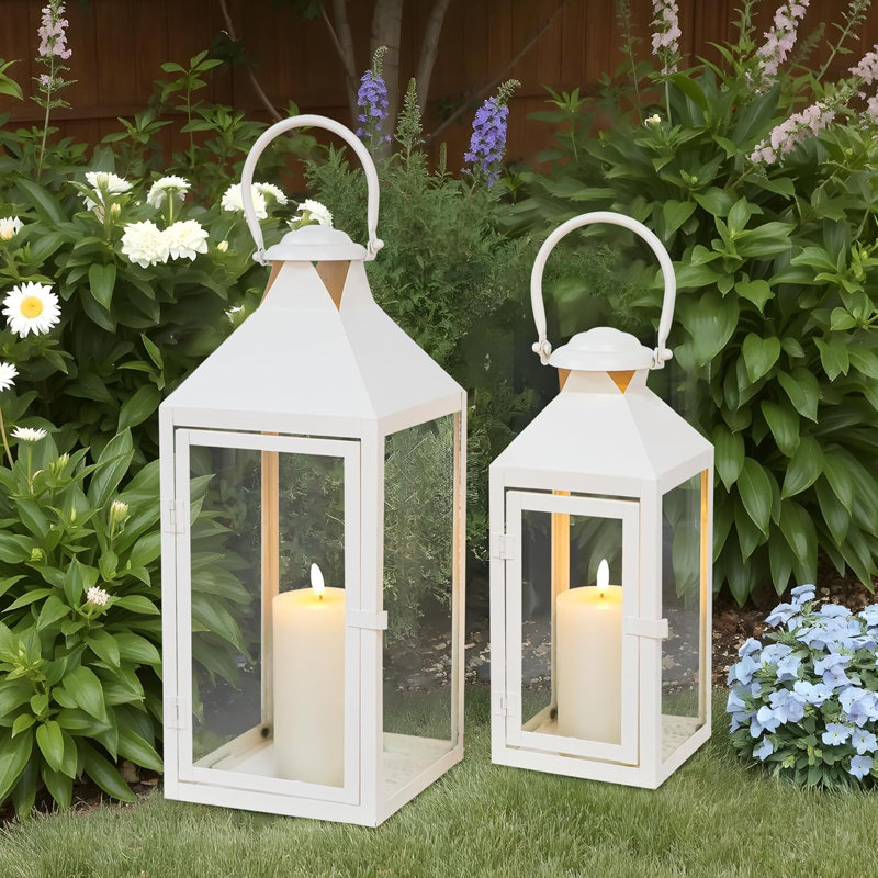 2 Piece Glass & Metal Tabletop Lantern Set, White